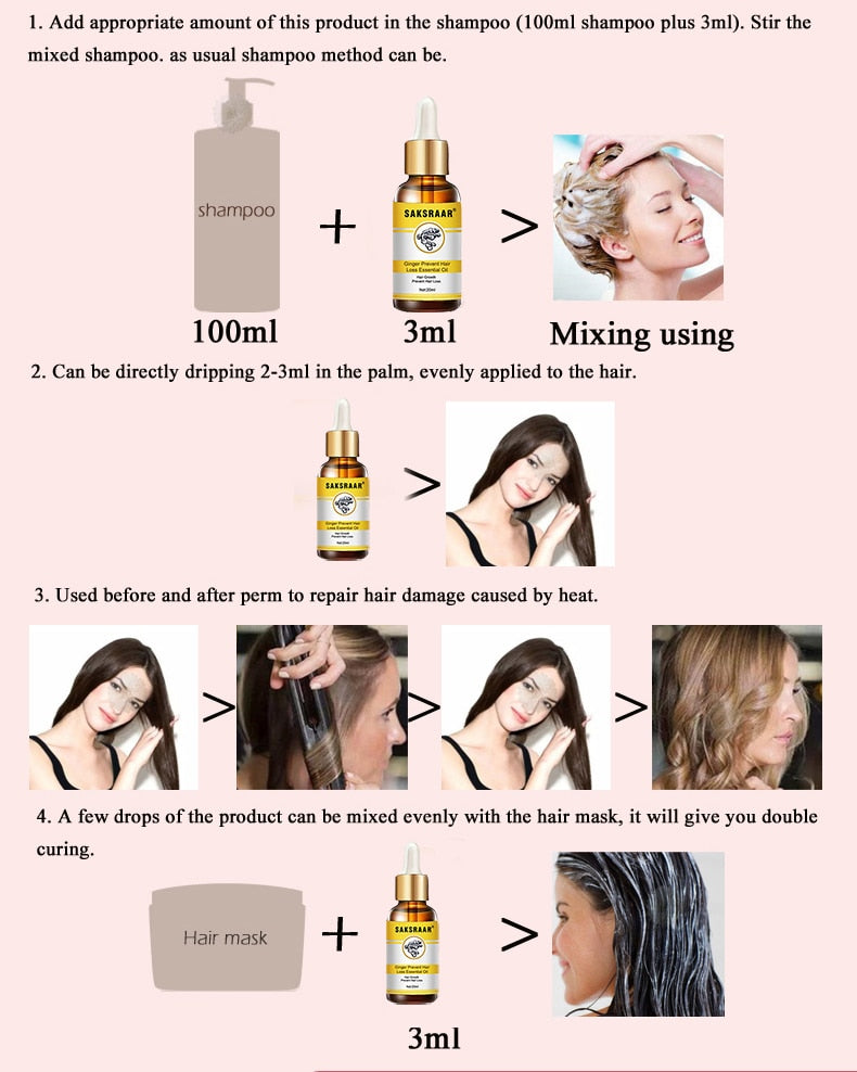 Saksraar Ginger Prevent Hair Loss Essential Oil is composed with traditional Chinese herbs to soften the hair strand and strengthen the scalp, resulting in a reduction of hair loss after continued use. Formulated with herbs such as ginseng extract, ginger extract and fleeceflower root, this serum will result in treated scalp and thicker hair. Recommended use for a minimum of two months for best results. Ingredient: Traditional Chinese medicine composition