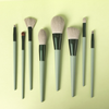  Description  Each set comes with 8 brushes:  Highlight Brush Lip Brush Eyebrow Brush Small Eye Shadow Brush Large Eye Shadow Brush Blush Brush Powder Brush Contour Brush Specifications:  Brush Handle Material: Wood/Aluminum tube  Brush Hair Material: Synthetic Hair