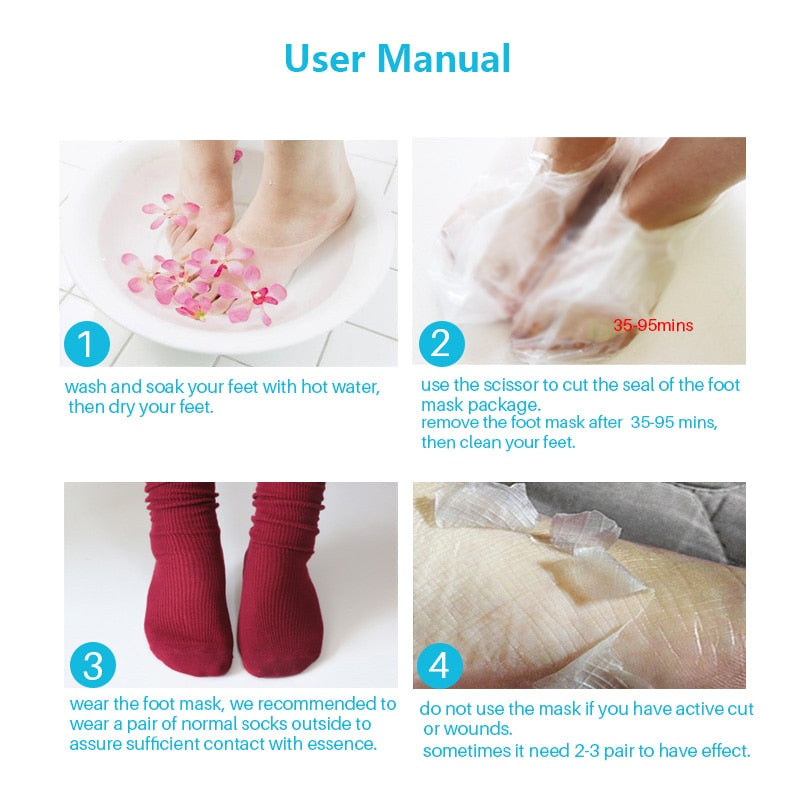 This Exfoliating Foot Peeling for Pedicure Sock Mask removes dead skin, detoxes, smooth calluses. The mask contains a gentle formula to soften and effectively moisturize your feet. The lactic acid will replenish moisture levels and is suitable for all skin types, especially coarse and dull skin, dry dead skin, and cracked heels. Net Weight: 40 g Size: One size fits all Quantity 3 pairs=6 pieces 